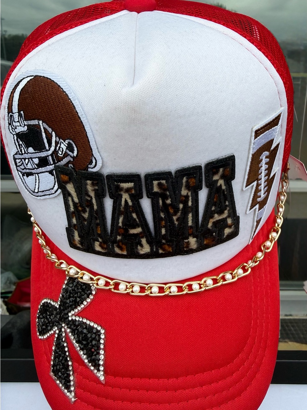 Red and White 'MAMA' Cap with Gold Chain Detail